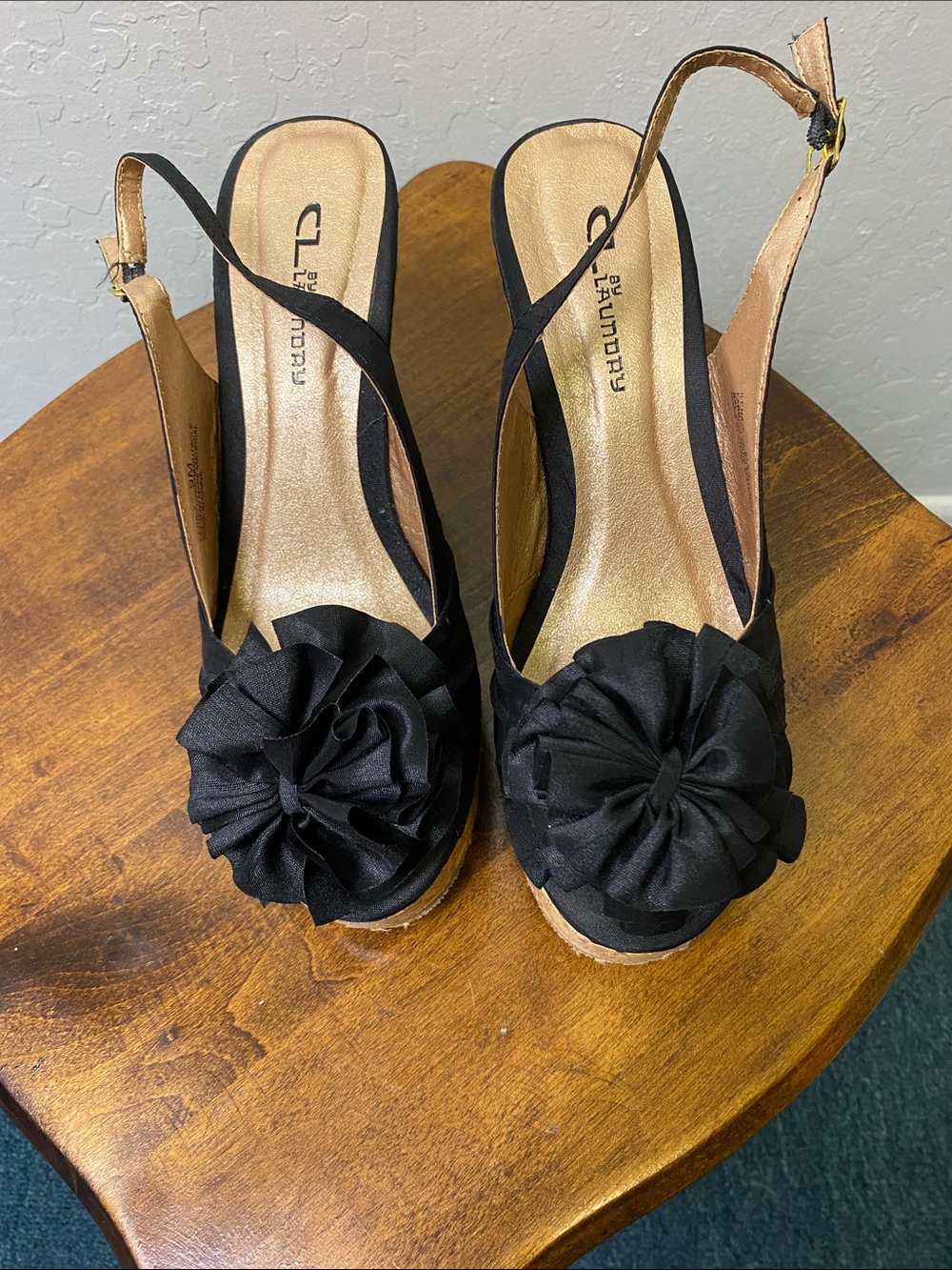 CL by Laundry Black Floral Rosette Slingback Wedges